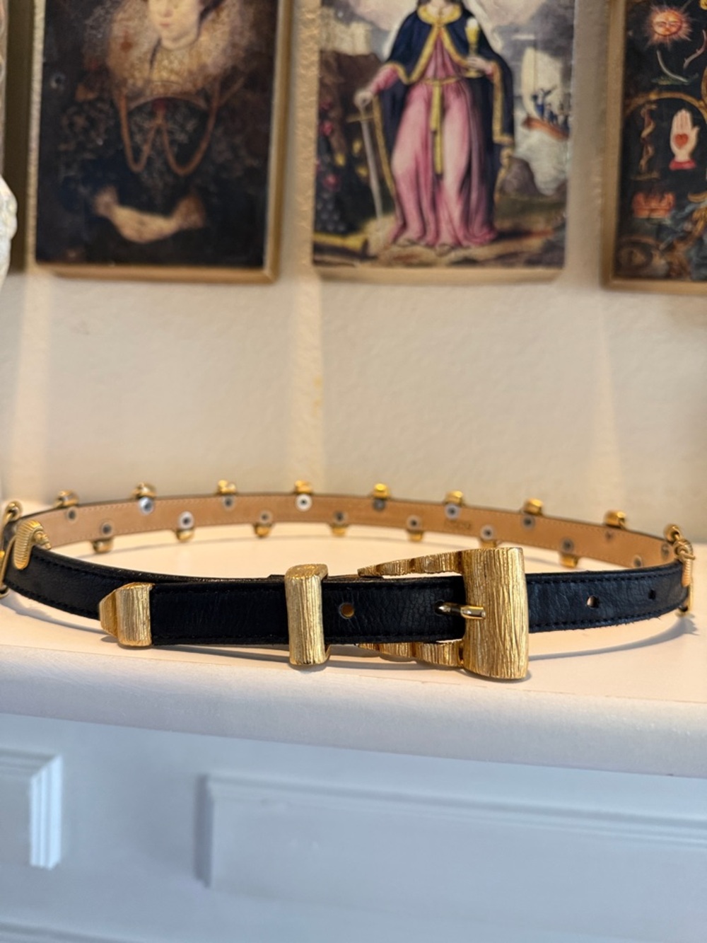 Leatherrock‎ Vintage Black Leather Skinny Belt Gold Sculptural Hardware